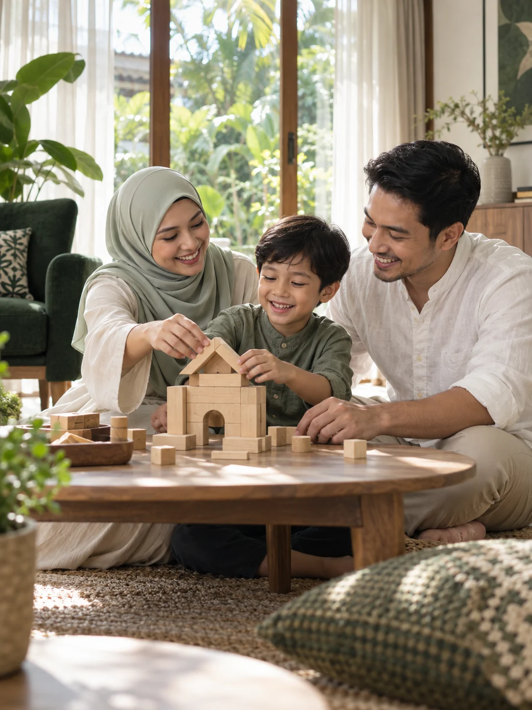 Gambar ilustrasi keluarga Malaysia membina rumah mainan bersama