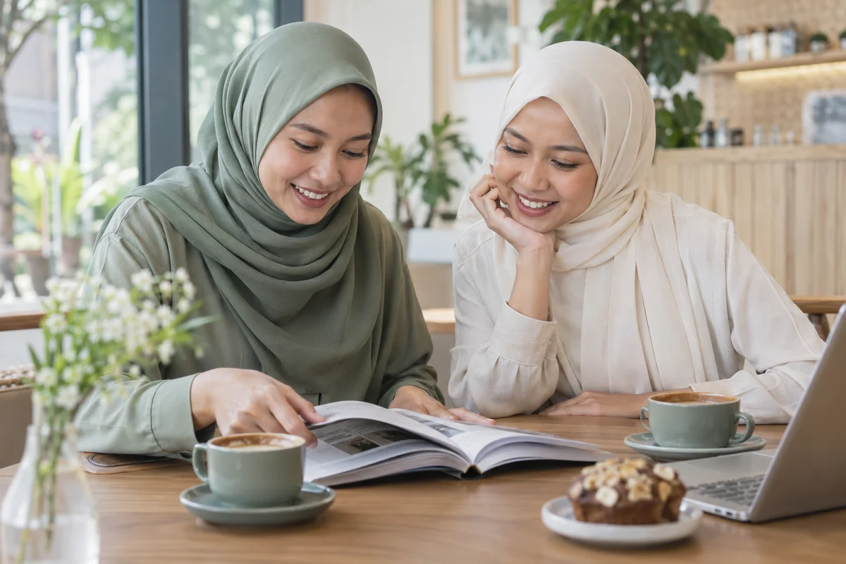 Ilustrasi dua individu belajar bersama di meja
