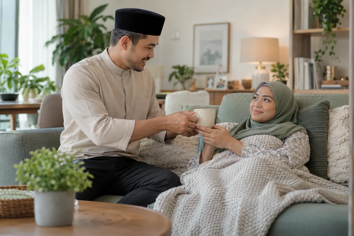 Ilustrasi suami membantu isteri yang sedang berehat di rumah