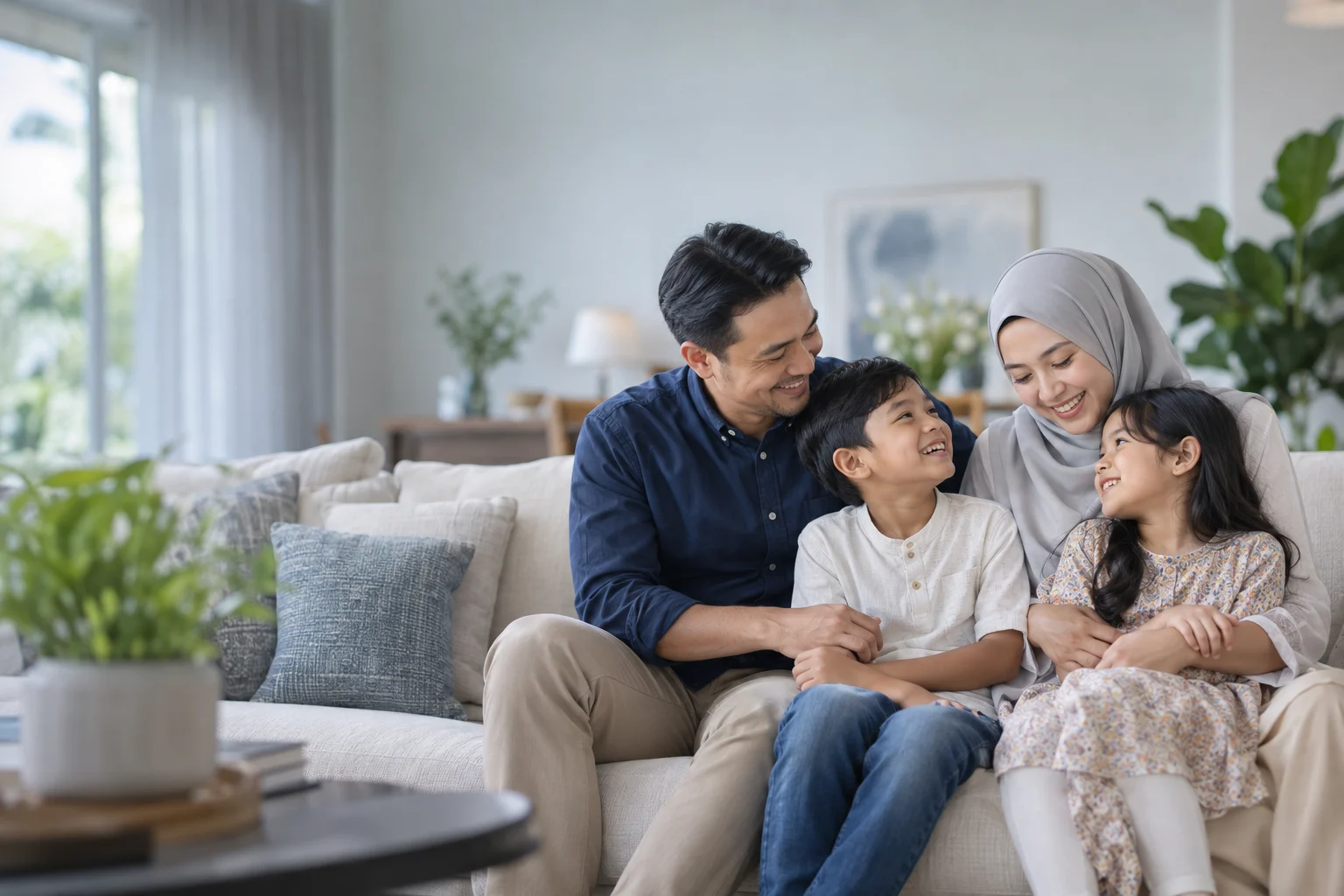 Ilustrasi keluarga bersama anak-anak di ruang tamu