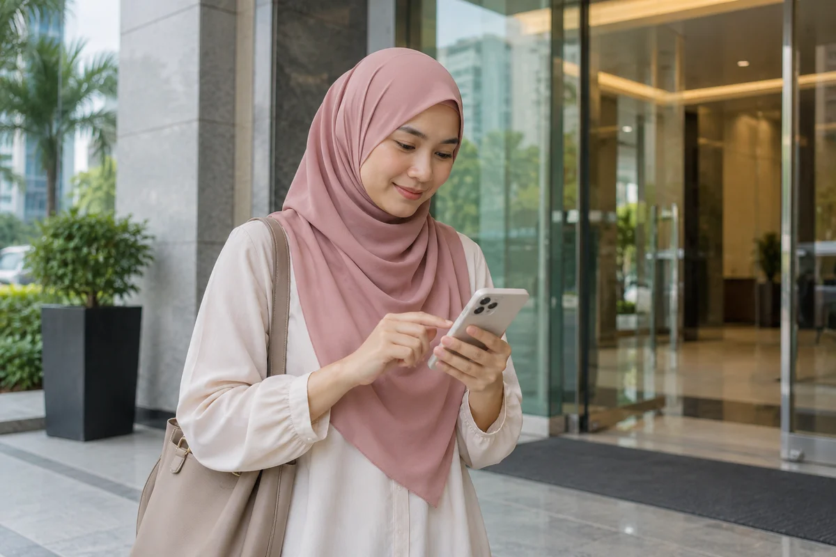Ilustrasi wanita menyemak telefon di luar bangunan