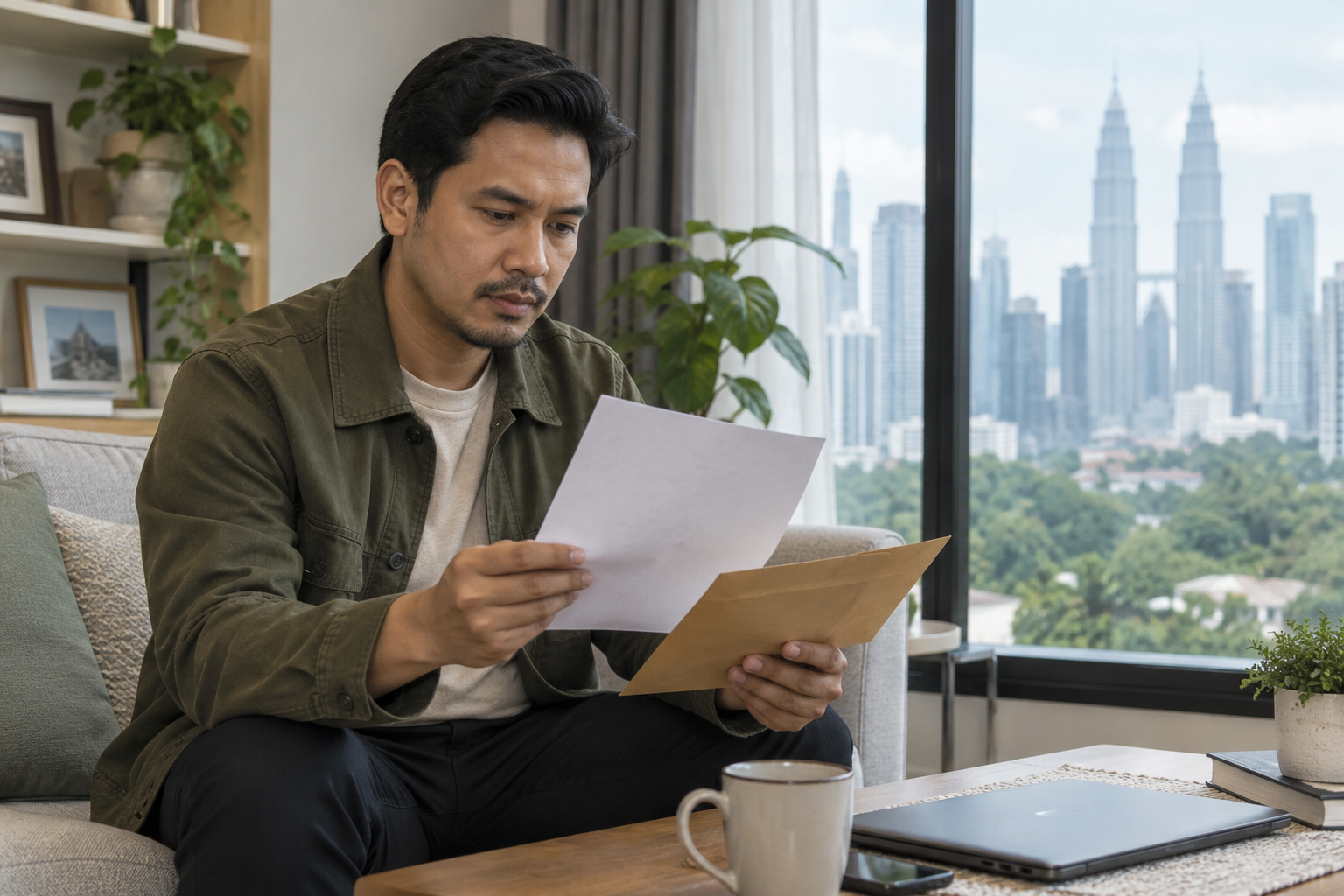 Ilustrasi lelaki menyemak surat dan dokumen di rumah