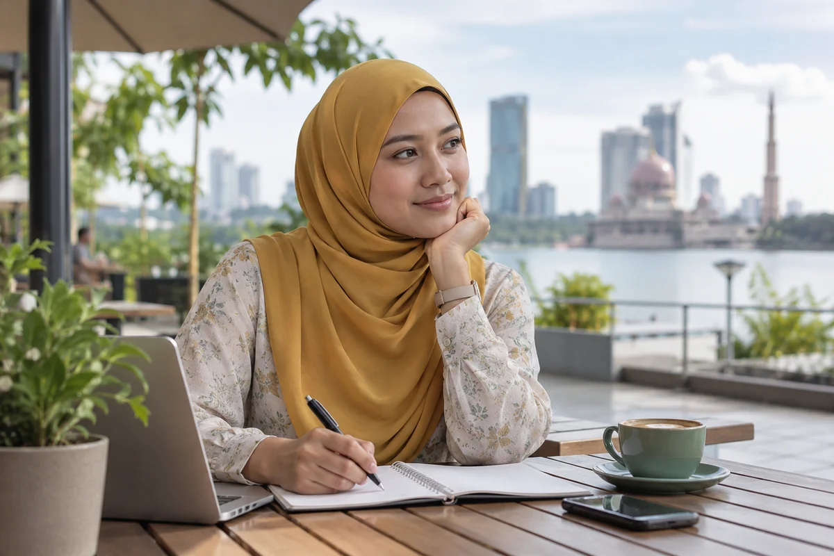 Ilustrasi wanita menyediakan soalan di kafe