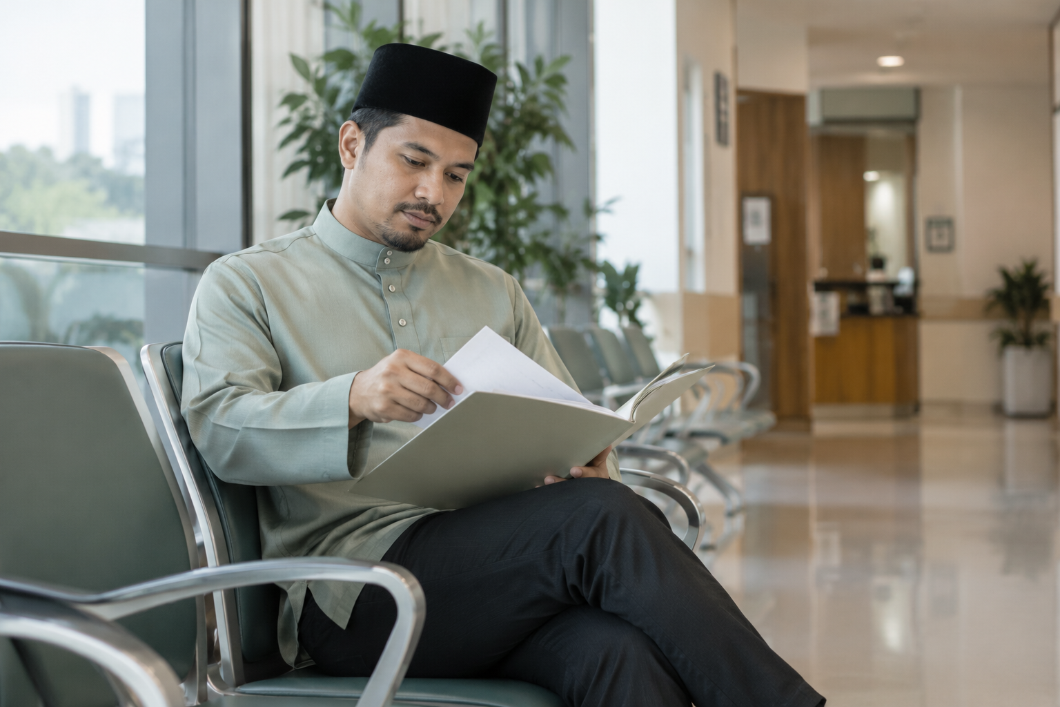 Ilustrasi lelaki menyemak dokumen di ruang menunggu hospital