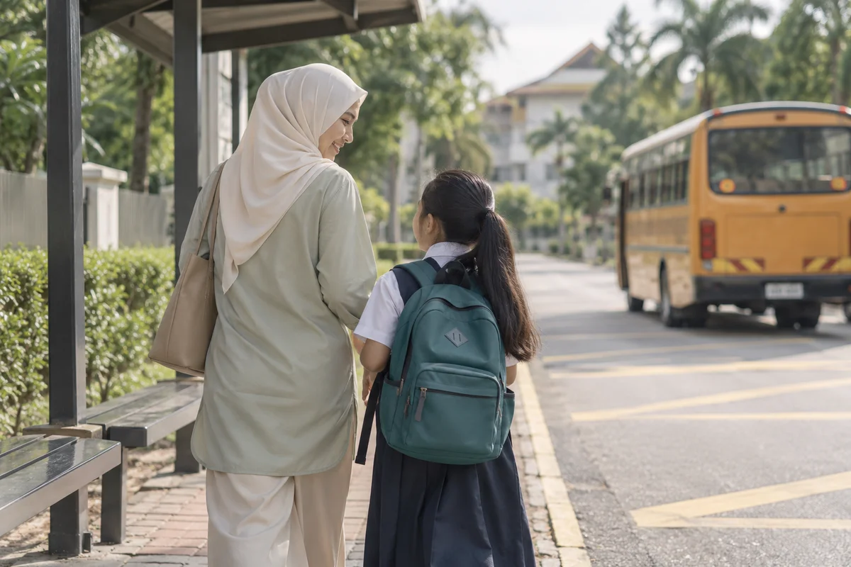 Ilustrasi ibu rekaan bertudung bersama anak remaja di perhentian bas