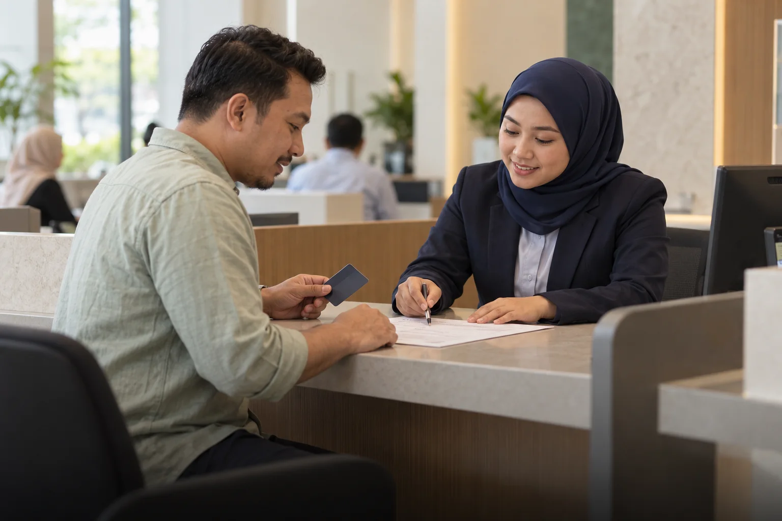 Ilustrasi pelanggan menyemak akaun bank bersama pegawai