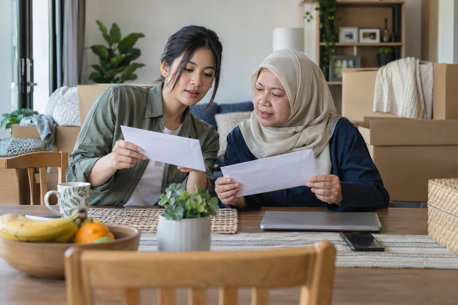 Ilustrasi ibu dan anak menyemak alamat surat-menyurat
