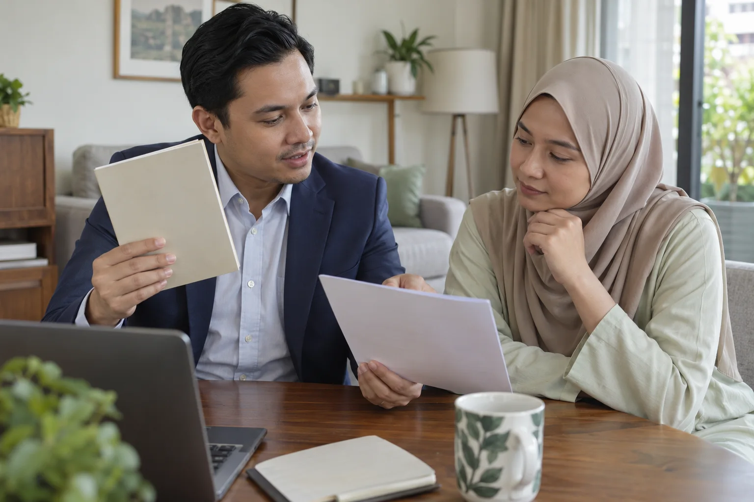 Ilustrasi pelanggan membandingkan helaian produk dan sebut harga