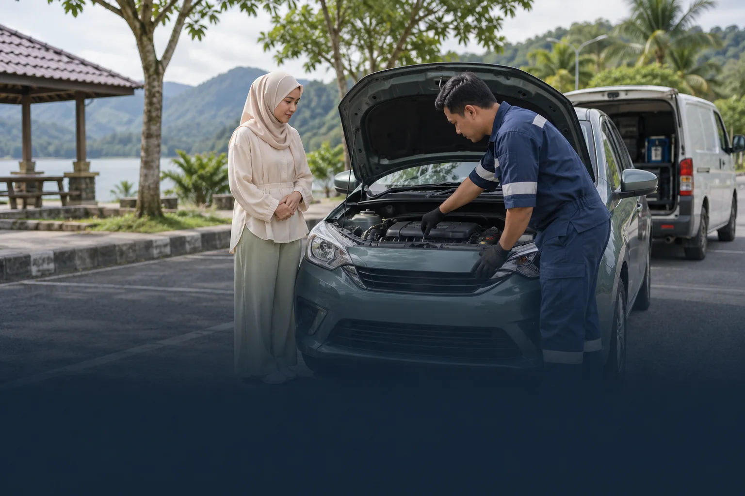 Ilustrasi pemandu mendapatkan bantuan kereta di tepi jalan