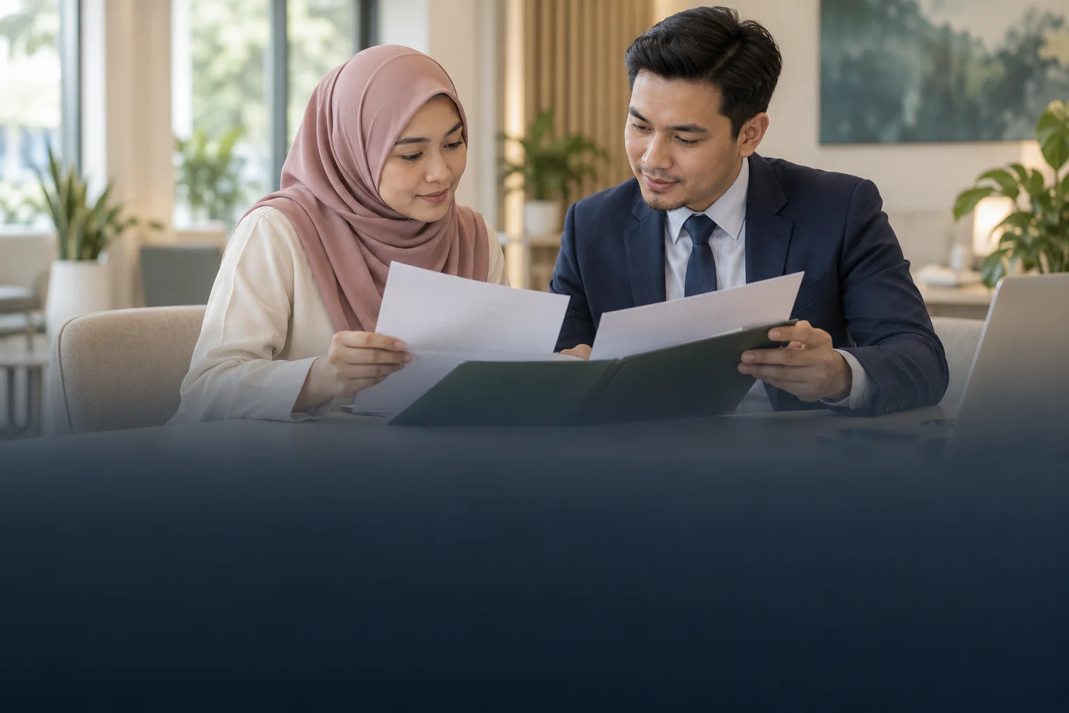 Ilustrasi wanita menyemak pindaan dokumen bersama penasihat