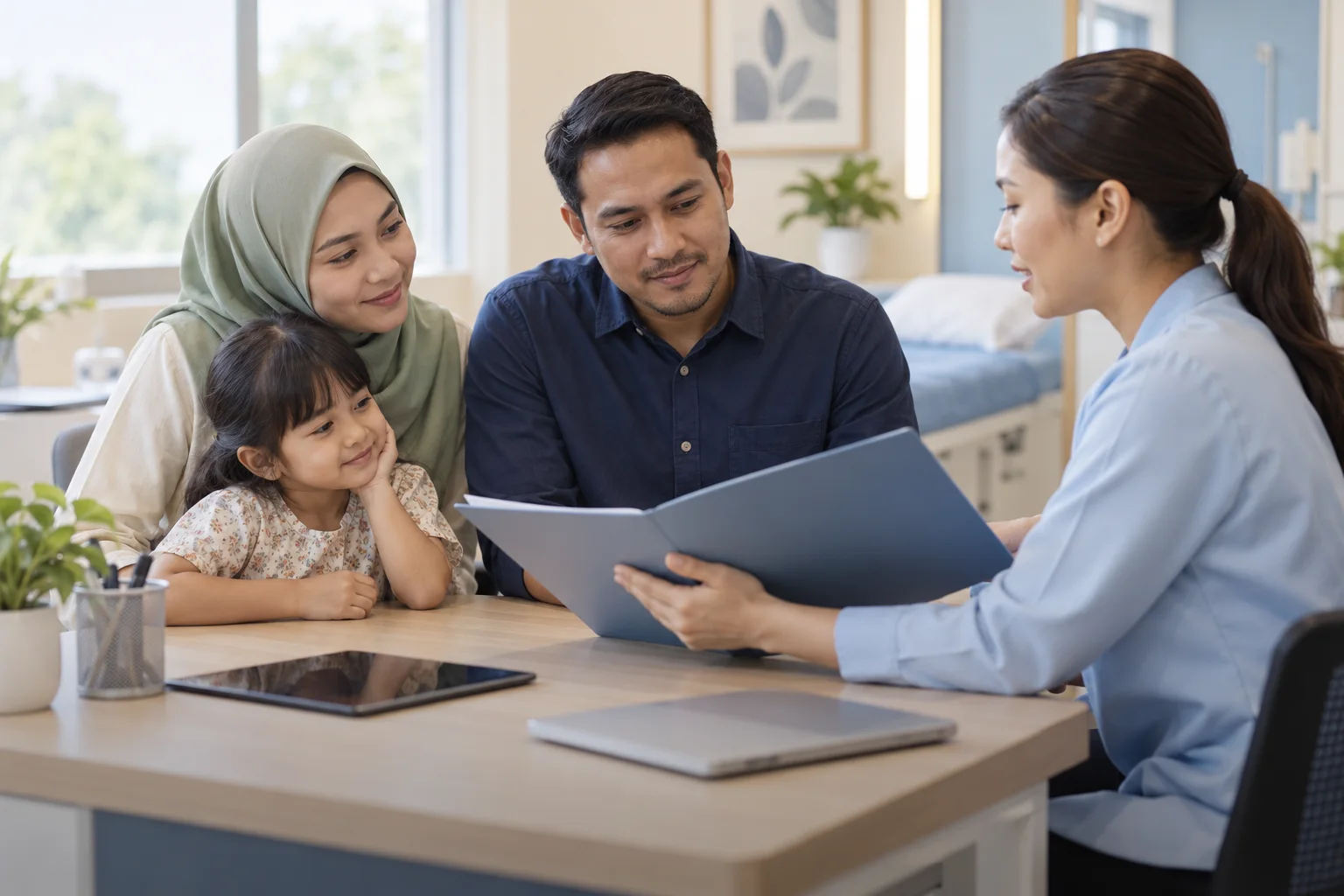 Ilustrasi ibu bapa dan anak menyemak pilihan Medical Card bersama penasihat