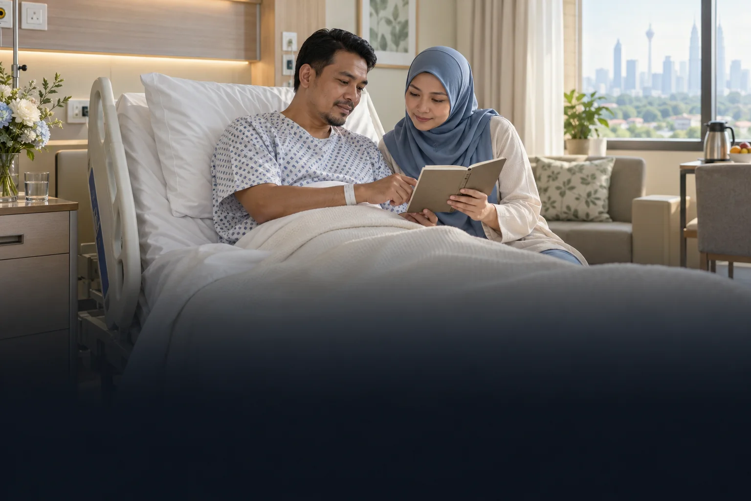 Ilustrasi pesakit dan isteri menyemak catatan semasa di wad