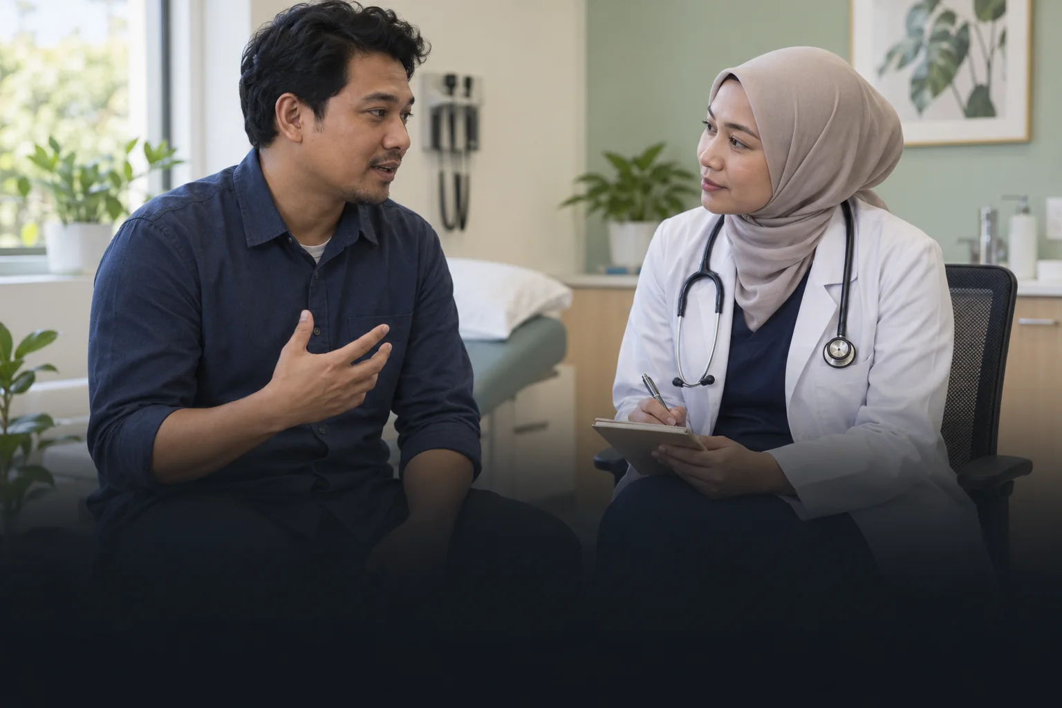 Ilustrasi lelaki berbincang tentang gejala dengan doktor