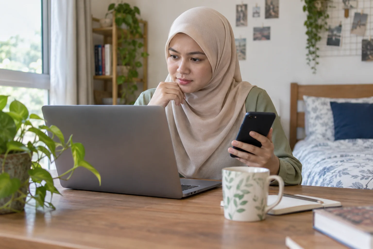 Ilustrasi wanita menyemak e-mel dan akaun digital