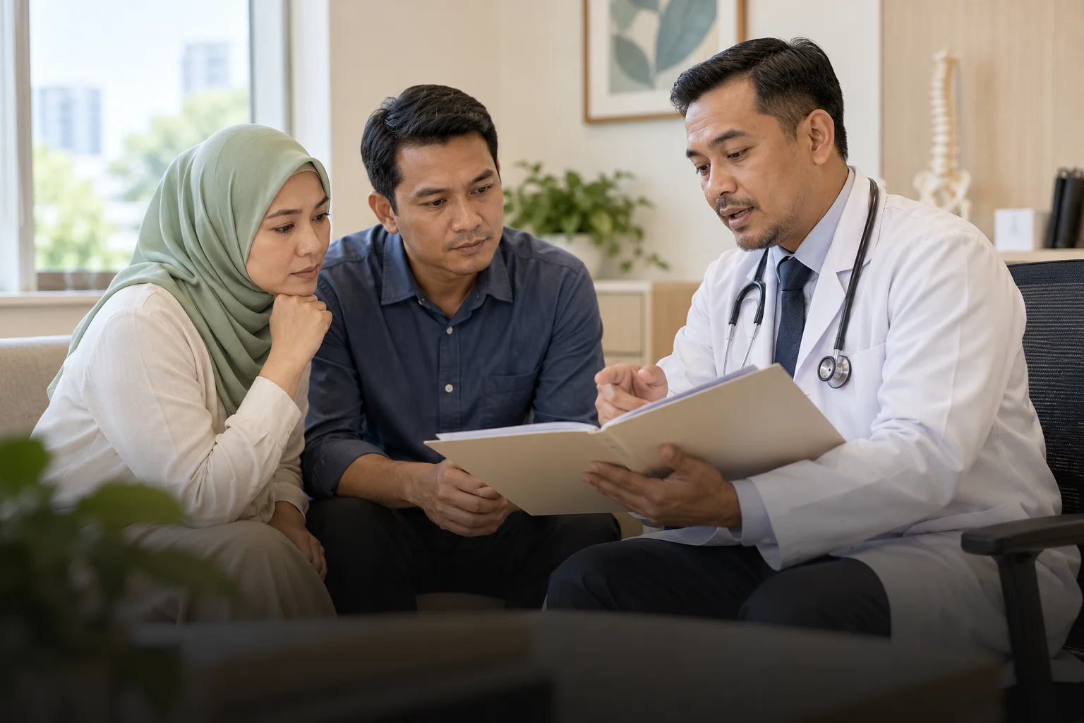 Ilustrasi doktor menerangkan laporan kepada pesakit dan pasangan