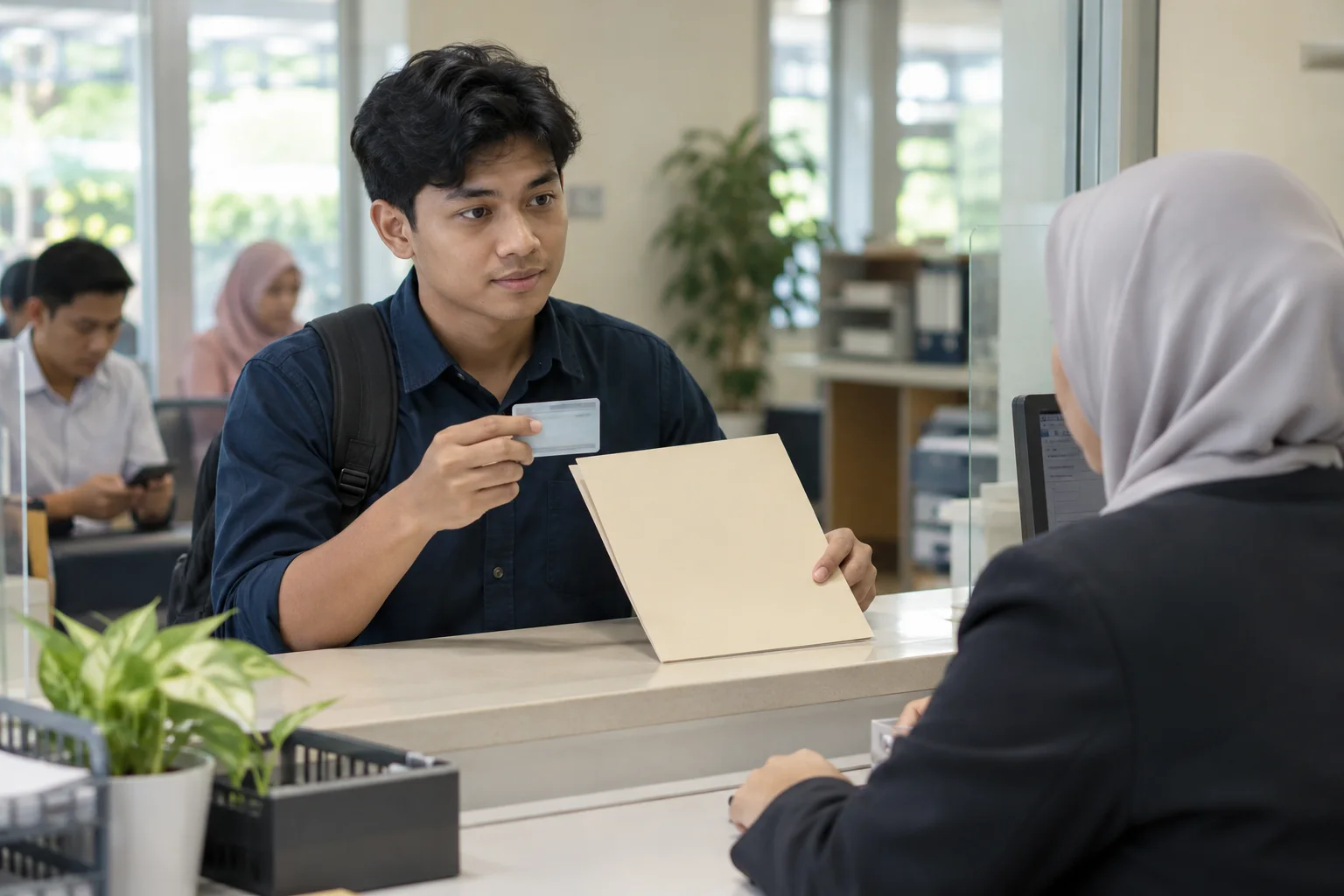 Ilustrasi lelaki menyemak nama pada dokumen