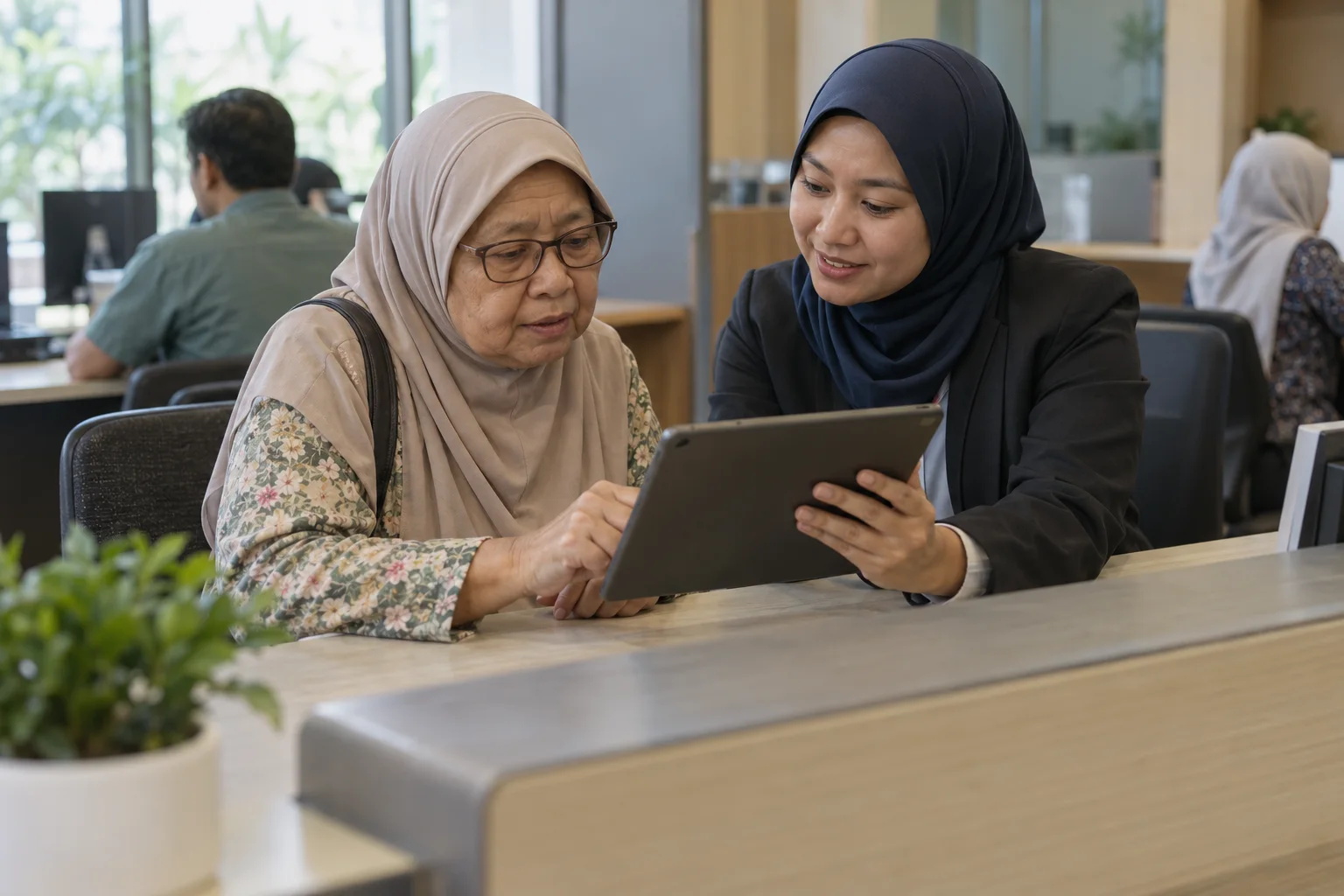 Ilustrasi warga emas dibantu menggunakan perkhidmatan digital