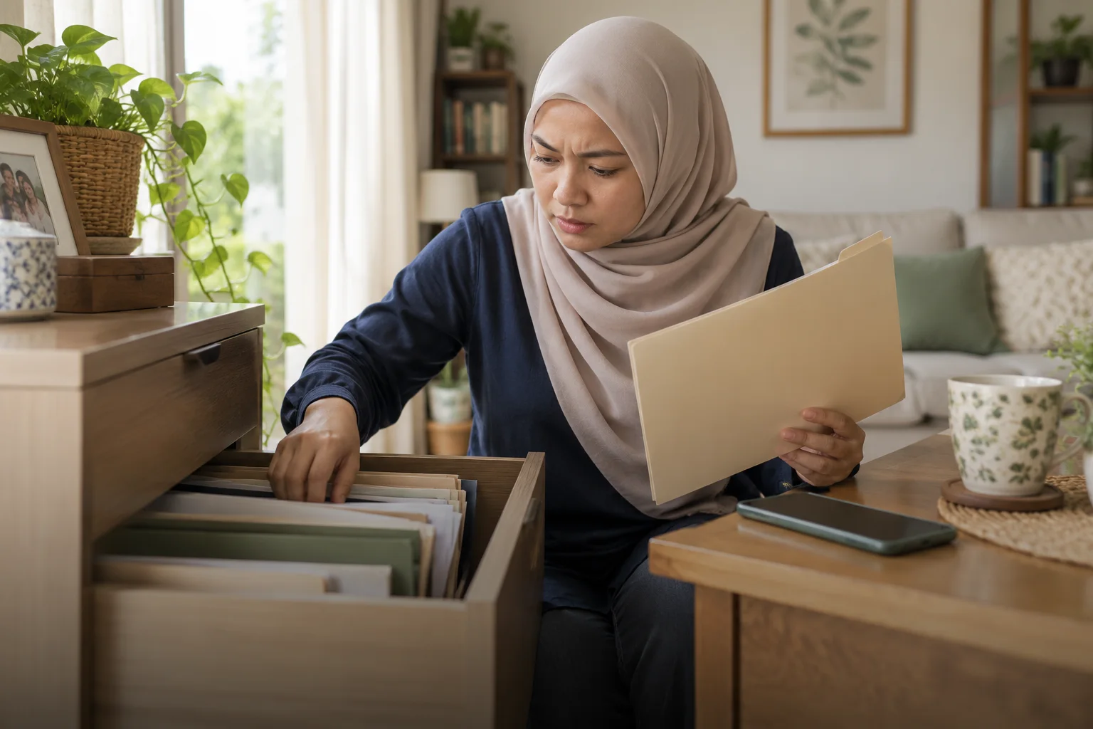 Ilustrasi wanita mencari dokumen dalam laci