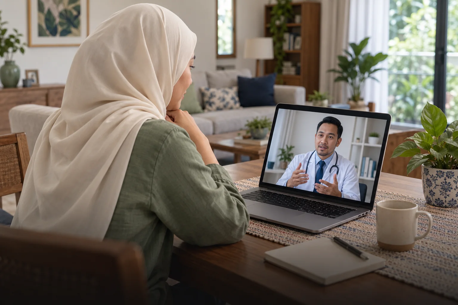 Ilustrasi wanita berbincang dengan doktor melalui komputer