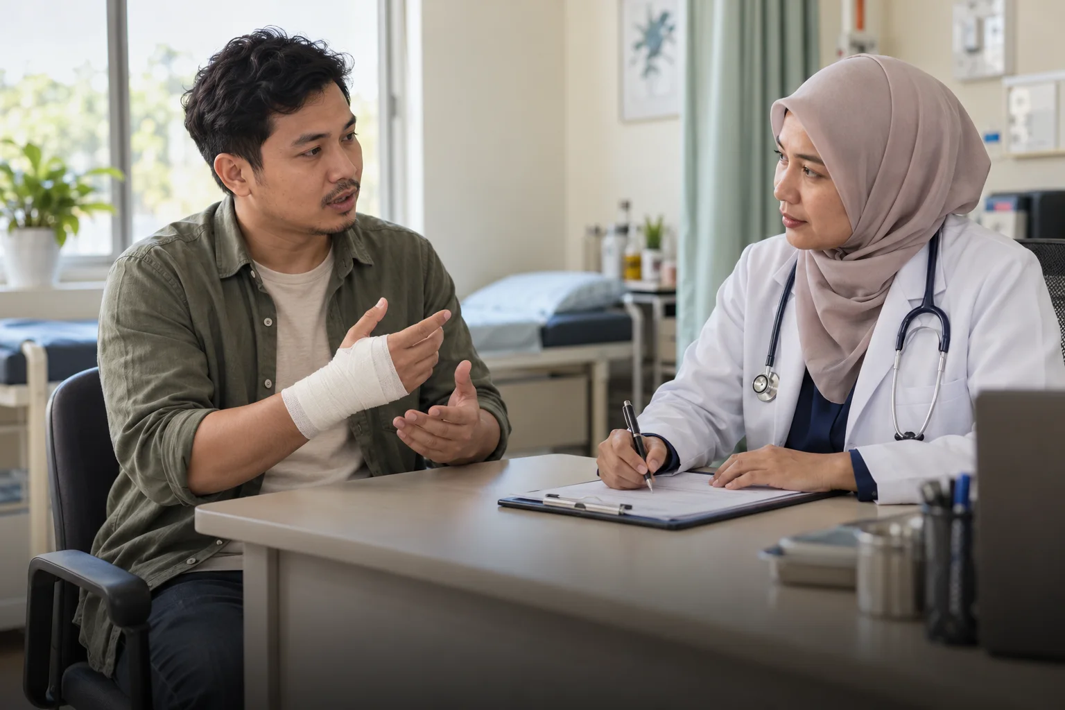 Ilustrasi lelaki berbincang tentang kemalangan dengan doktor